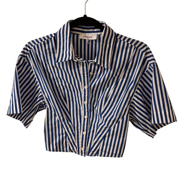 FRAME Tops - Frame Organic Cotton Striped Cropped Button Front Short Sleeved Shirt, XS